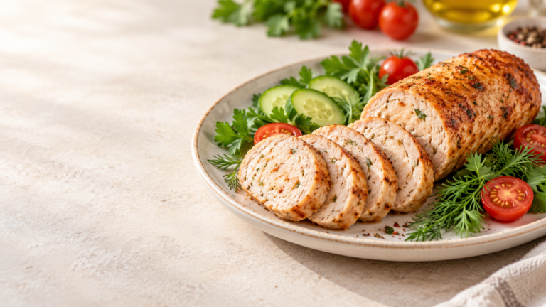 Домашняя куриная колбаса, нарезанная ломтиками, с зеленью и овощами